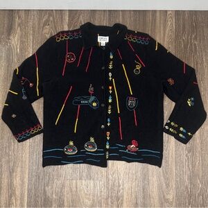 Chico's Black Cardigan with Multicolor Embroidery Sweater Women’s Size 2